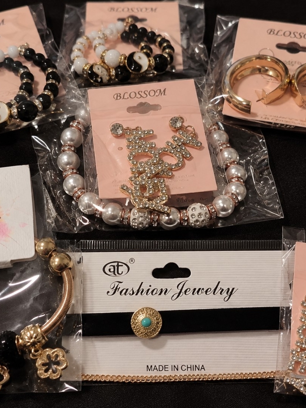 Fashion Jewelry Pearl Bracelet with Gold 'Love' Charm - White and Gold